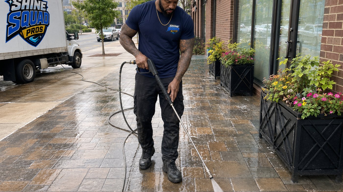 Commercial property pressure washing at an Atlanta GA retail center