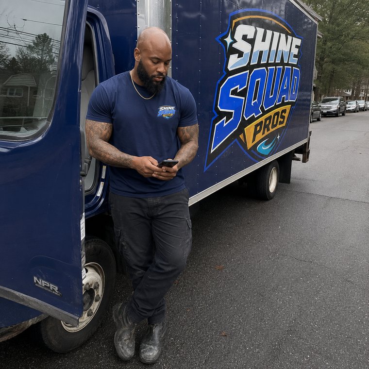 Shine Squad Pros technician sending a customer arrival update in Atlanta GA
