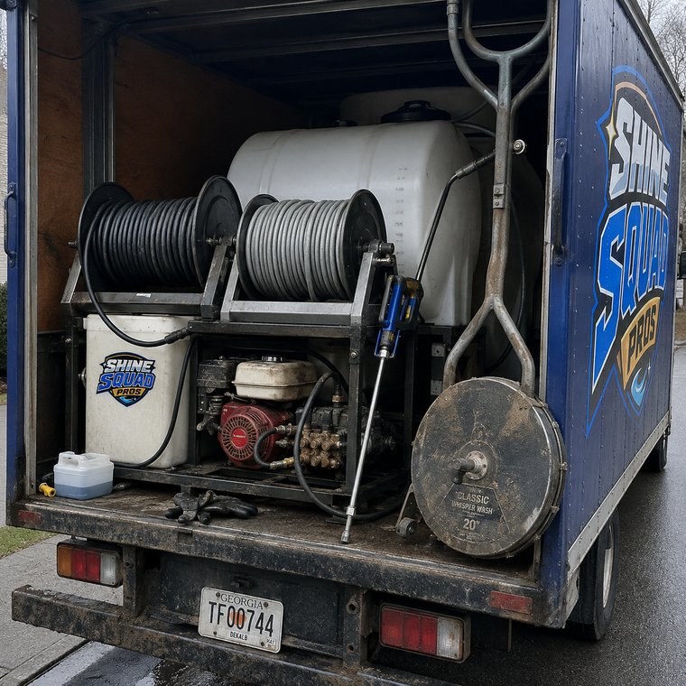 Professional pressure washing rig with hose reels and water tank