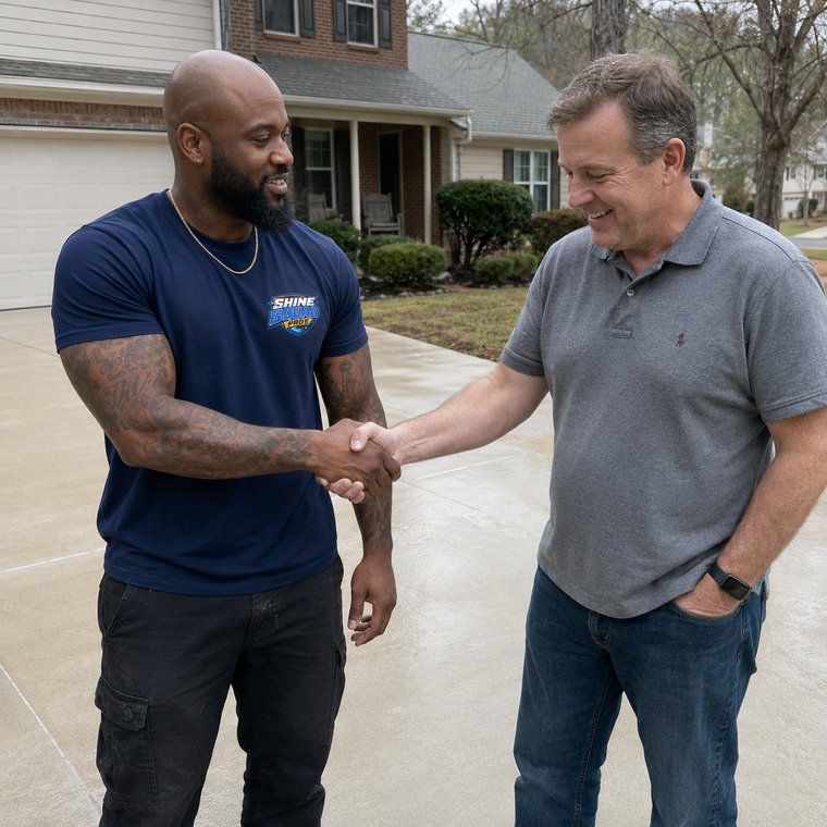Atlanta homeowner handshake after driveway pressure washing