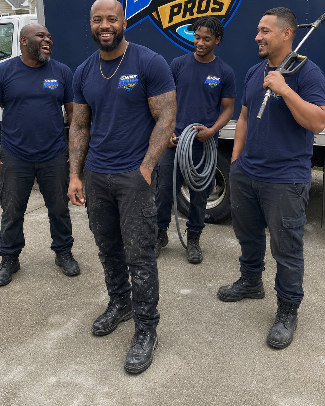 The Shine Squad Pros LLC pressure washing crew in front of their truck in Atlanta GA