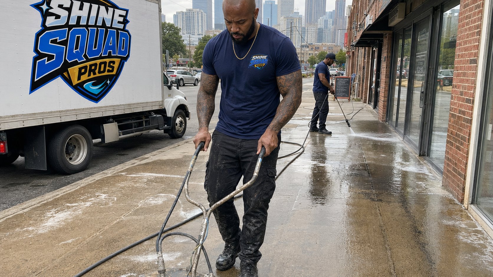 Shine Squad Pros crew pressure washing a commercial storefront sidewalk in Atlanta GA